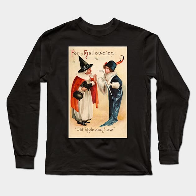 Vintage Halloween Witch Black Cat Long Sleeve T-Shirt by RetroSalt